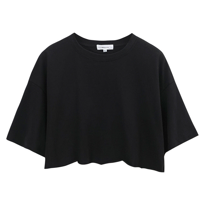 Internet celebrity babes short-sleeved T-shirt women's new cotton T-shirt solid color short navel crew neck sports top tide