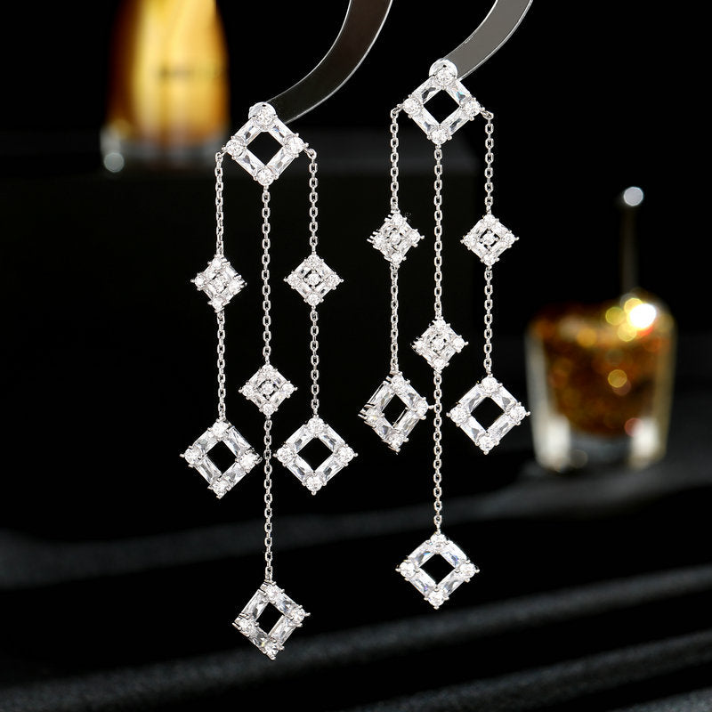 2025 New geometric square zircon inlaid long fringed earrings collarbone chain trendy light luxury high-end jewelry set