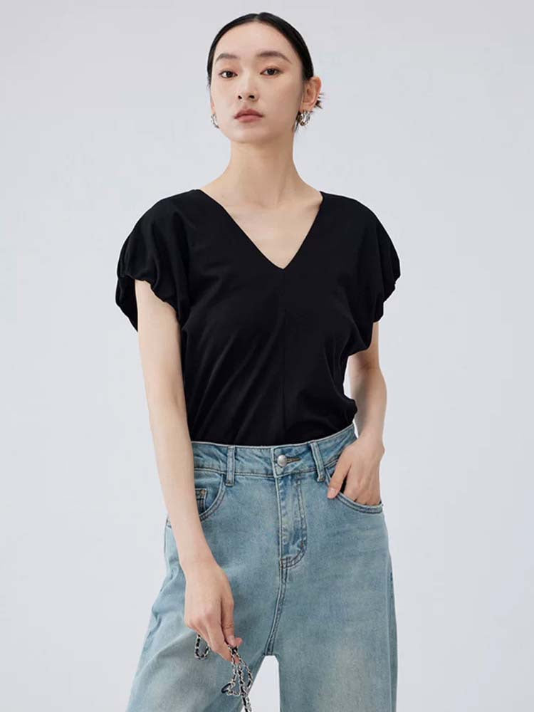 Siyuan, high-definition stand-up cut V-neck handmade bud sleeve T-shirt long-staple cotton women's design short-sleeved top women's 7043