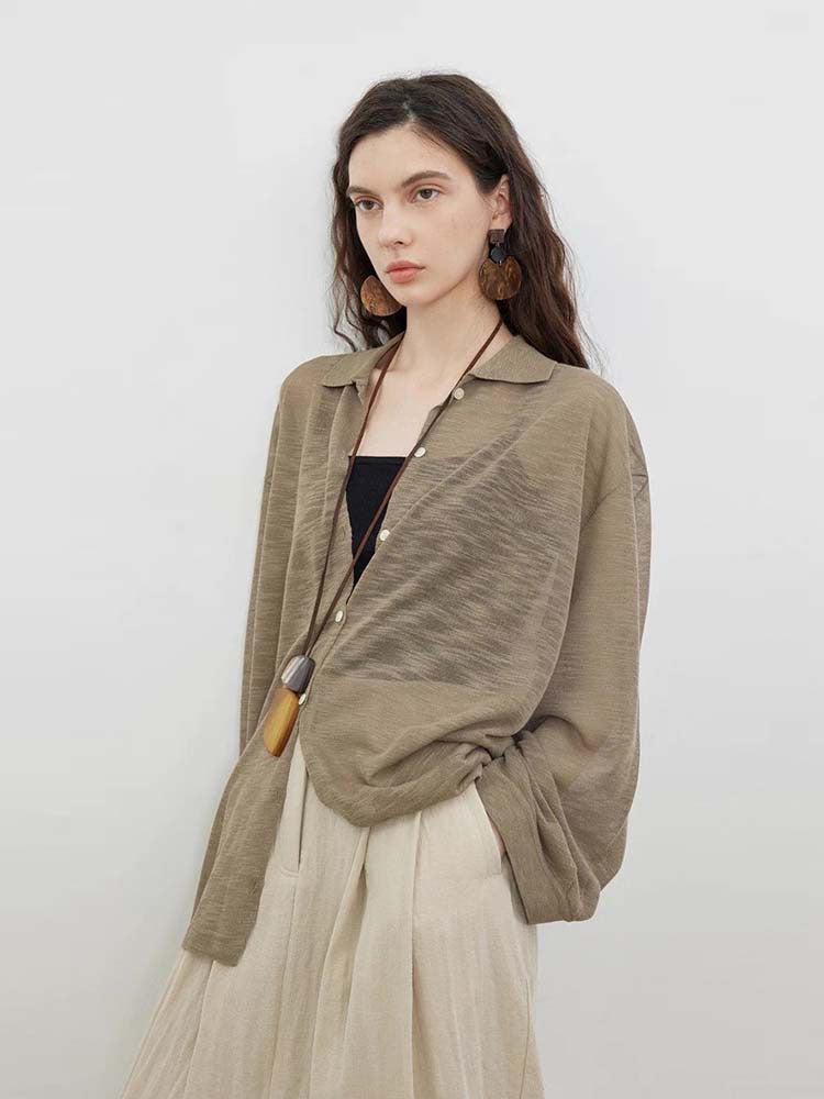 Siyuan, super cool bamboo knuckle hemp texture yarn + simple POLO collar lazy wind silhouette sunscreen shirt women 9018