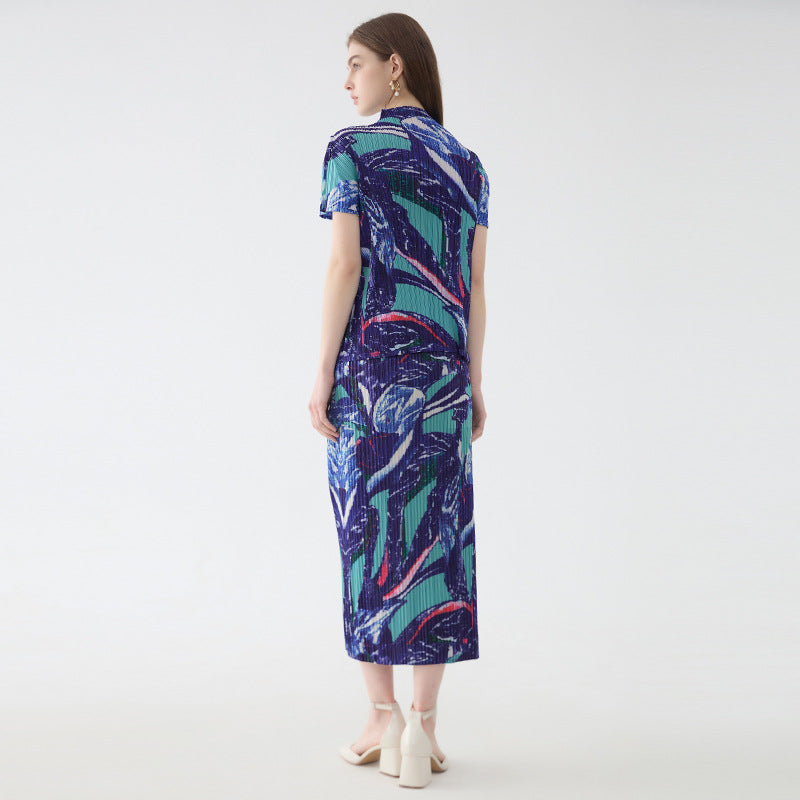 summer new flower suit women's POLO neck short-sleeved top straight print skirt two-piece set women