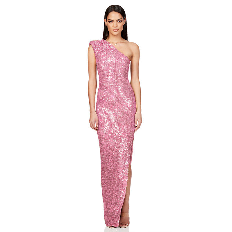 SIXSR 2025 Skirt summer women's clothing INS sleeveless one-shoulder split sequined long dress 2025 temperament dress women's wholesale