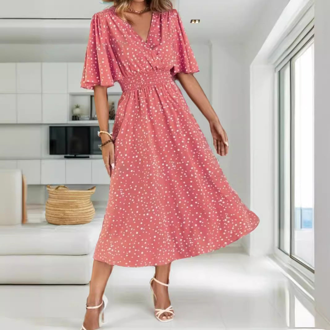 popular 2025 New Popular trade women's clothing independent station polka dot printing V-neck short-sleeved dress