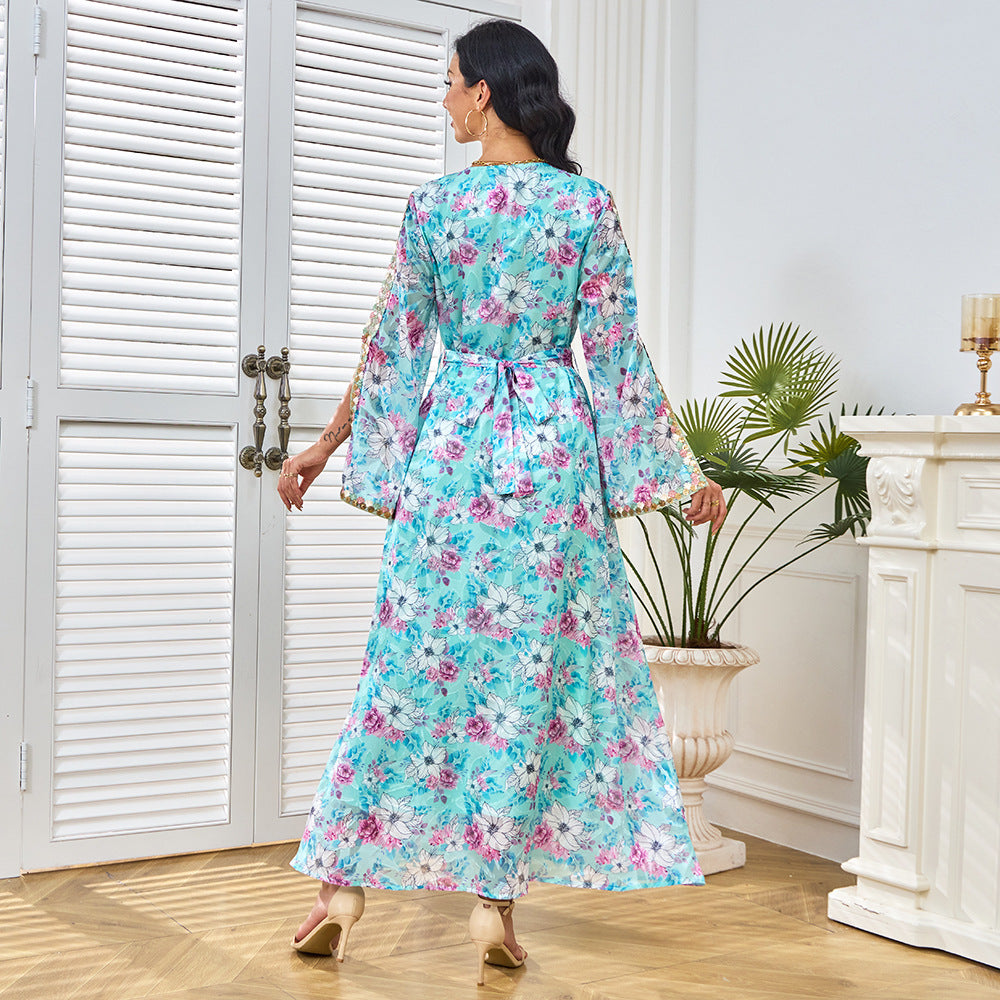 Middle East Muslim robe women's long dress fashion new color pattern V-neck waist split sleeve dress