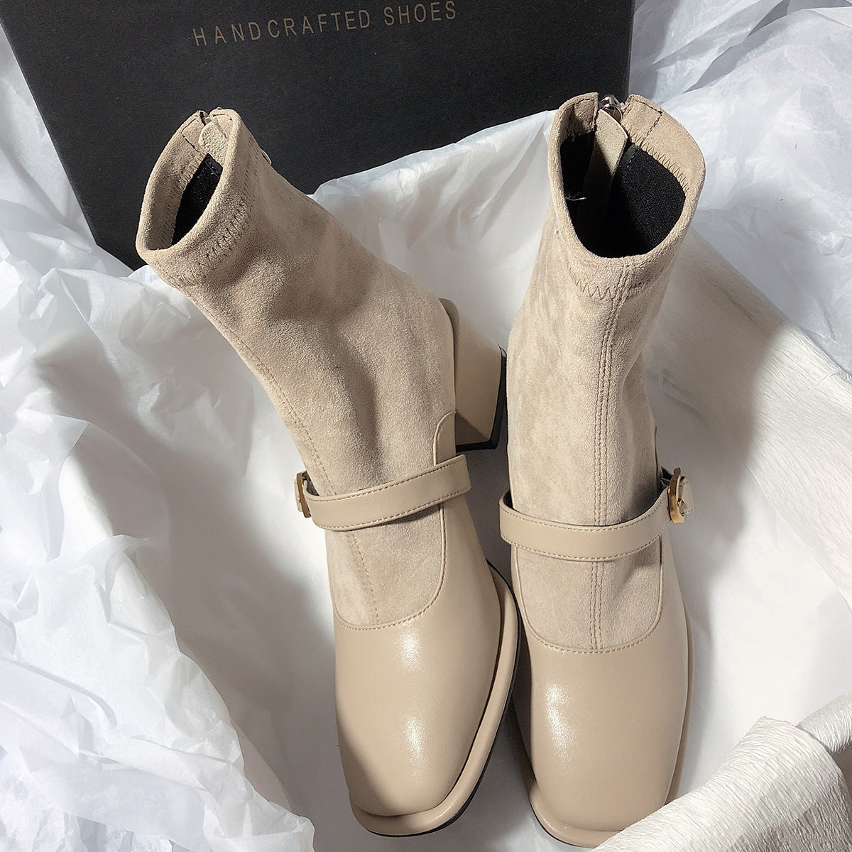 2025 Simple and well-behaved Mary Jane short boots buckle back zipper thick heel elastic boots thin boots large size women