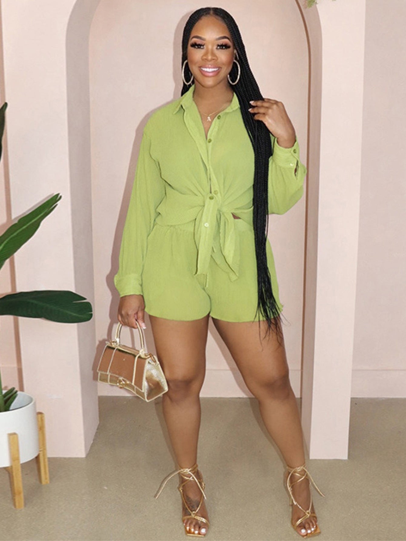 SIXSR T012 Europe and America Spring and Summer Women's Solid Color Loose Lapel Button Shirt Top and Pocket Wide Legs Short
