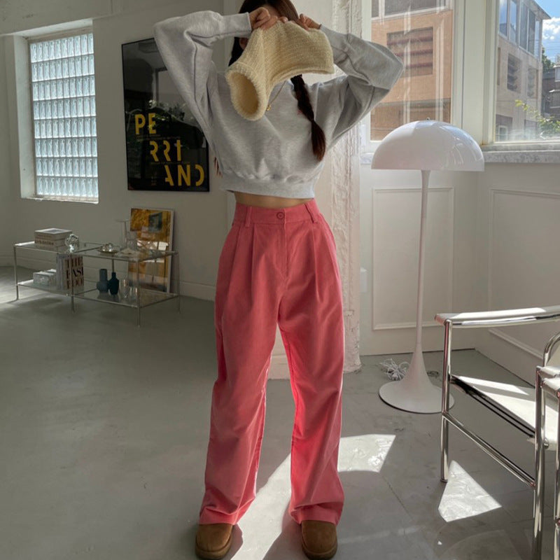 Corduroy Wide Leg Pants Women's Spring and Autumn Retro Red Loose Large Size Straight Pants High Waist Bar Velvet Mopping Long Pants