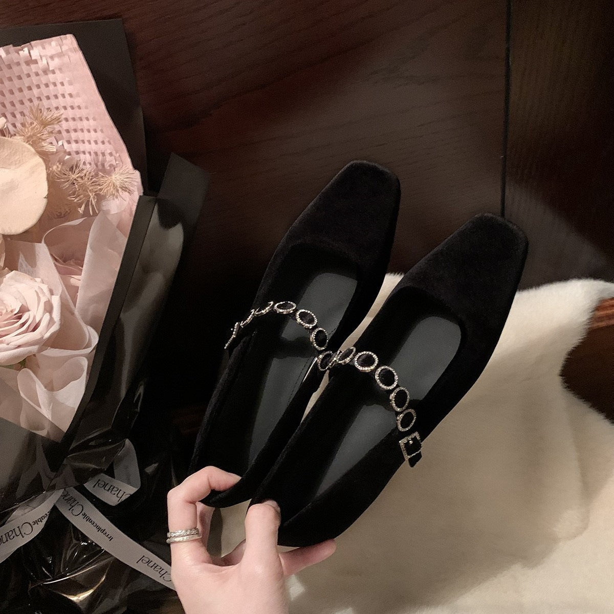 2025 square head light mouth high heels one-word diamond belt low heel suede Mary Jane single shoes
