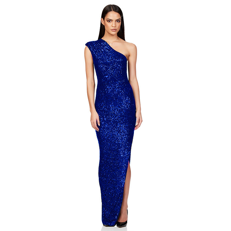 SIXSR 2025 Skirt summer women's clothing INS sleeveless one-shoulder split sequined long dress 2025 temperament dress women's wholesale