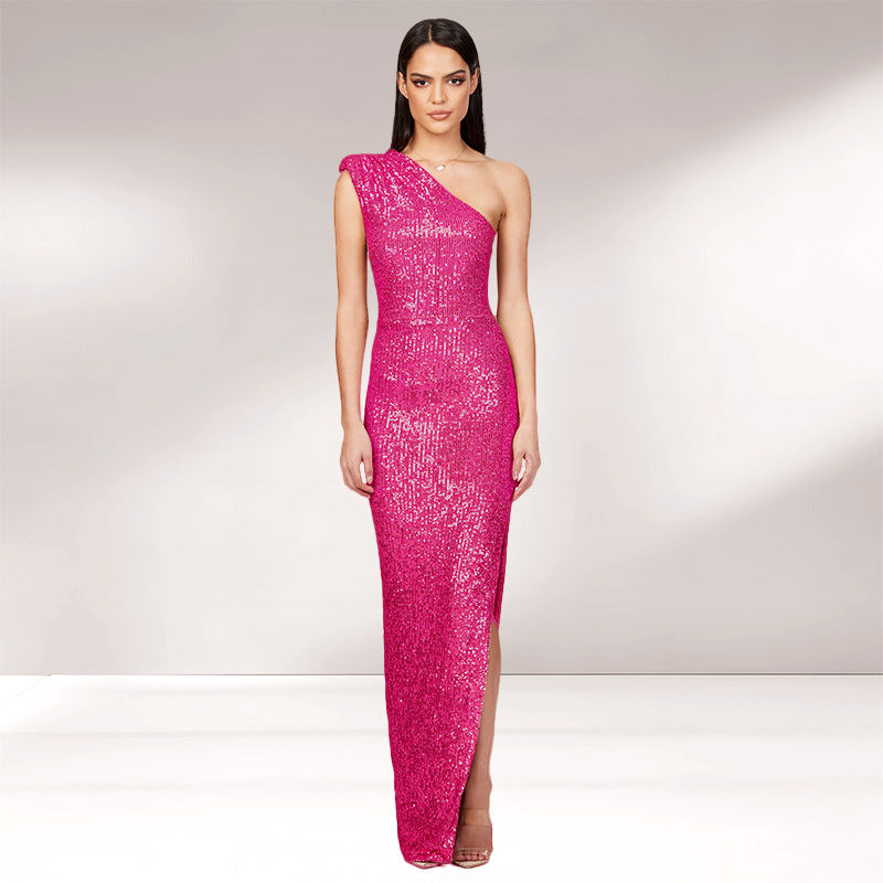 SIXSR 2025 women's one-shoulder split dress, sweet and spicy 2025 trade independent station sleeveless sequin dress