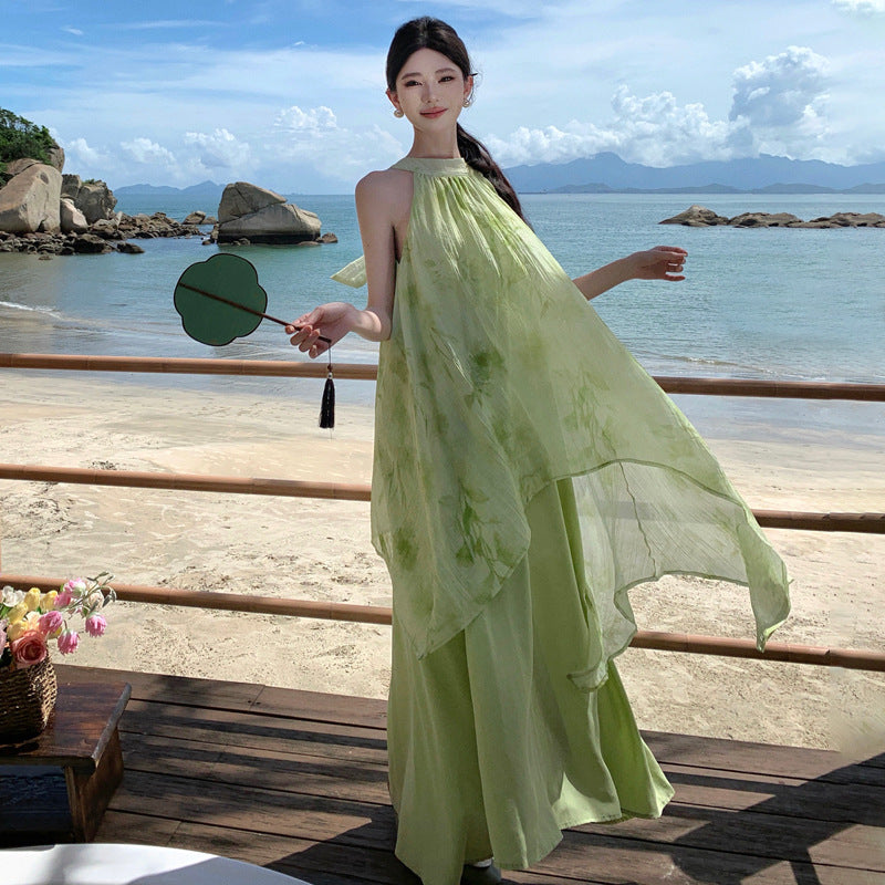 2025 New Chinese neck long dress women's lazy mint mambo irregular pendulum contrasting color national style holiday dress