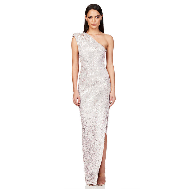 SIXSR 2025 Skirt summer women's clothing INS sleeveless one-shoulder split sequined long dress 2025 temperament dress women's wholesale