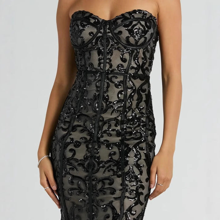 2025 2025 New new women's clothing party sequins sexy socialite dress black tube top dress long dress