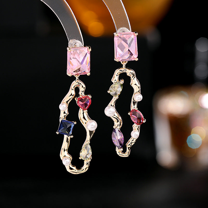 2025 S925 silver needle South Korea Dongdaemun new earrings geometric asymmetry super flash square love zircon earrings wholesale
