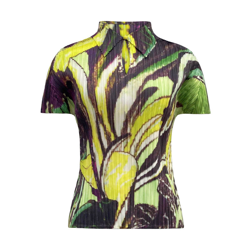summer new flower suit women's POLO neck short-sleeved top straight print skirt two-piece set women