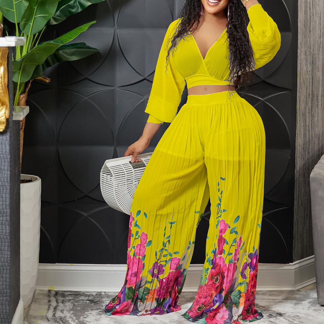 SIXSR Hot trade fashion suit popular new women's V-neck bat-sleeved chiffon top pleated wide-leg pants New two-piece set