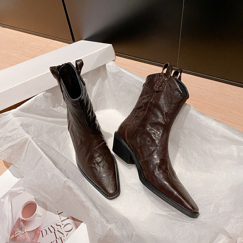 2025 Small short boots women's popular new Martin boots V-mouth bare boots pointed brown thick heel western cowboy boots