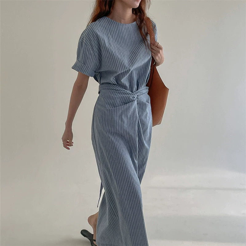 Design cross-strap waist dress women's summer new thin fashion short-sleeved striped long skirt