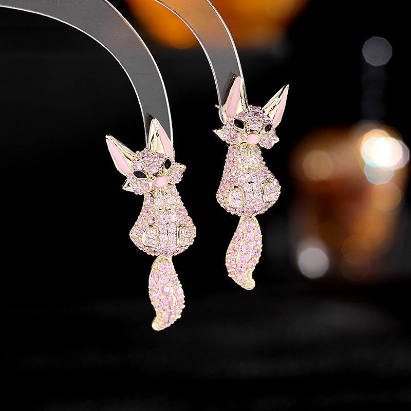 2025 S925 silver needle zircon earrings Korean high-end temperament earrings personalized design cute cartoon fox stud earrings