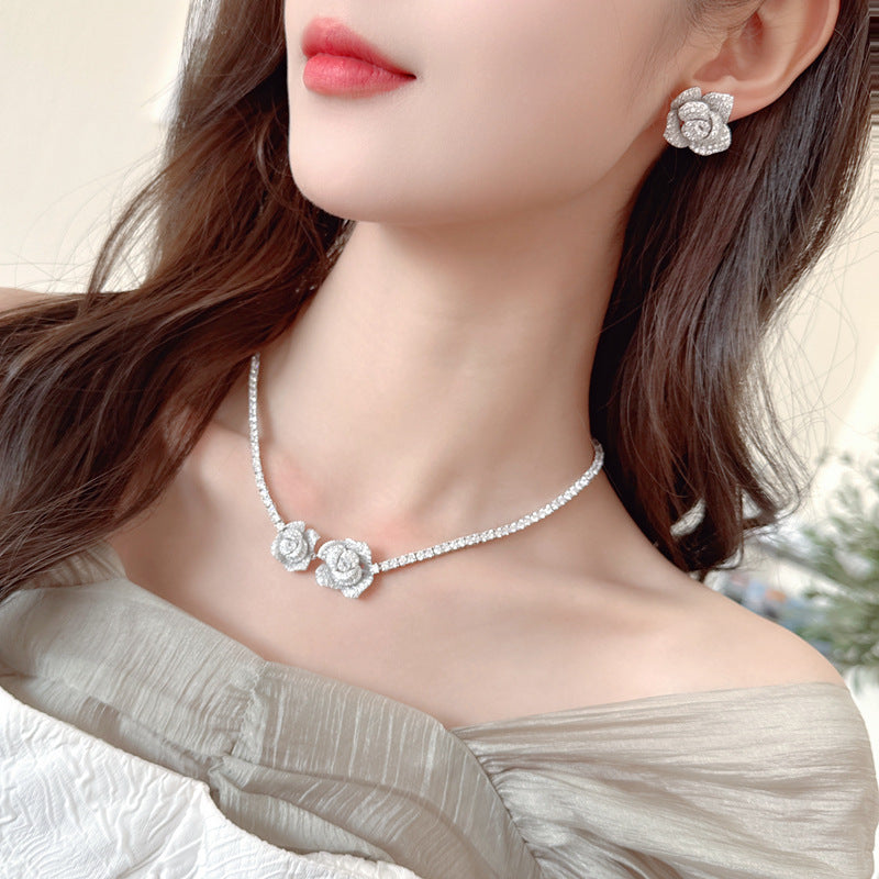 2025 Luxury rose camellia earrings fashion popular necklace bridal dress matching set two-piece wholesale