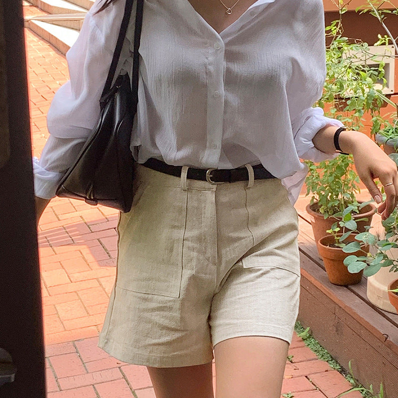 Casual linen shorts summer women's pants cotton and linen breathable cool Korean version commuter loose straight pants high waist hot pants