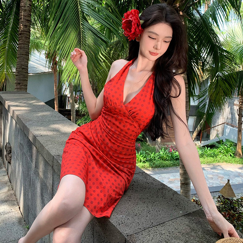 2025 niche design red polka dot neck backless vacation dress female sexy hot girl travel photo skirt
