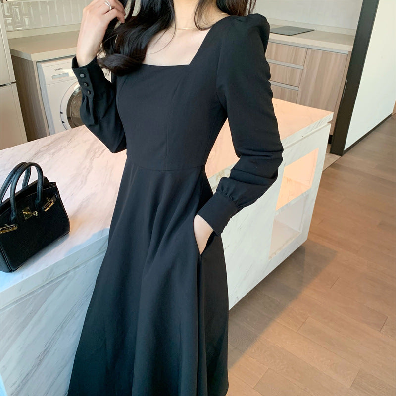 2025 Spring Korean Women's Black Dress Square Neck Retro Hepburn Style Long Dress Long Sleeve Black Dress