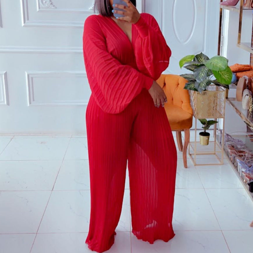 SIXSR D232 popular summer new pleated chiffon see-through V-neck top wide-leg pants set 2025 two-piece set