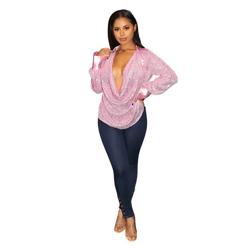 SIXSR Wholesale INS Wind Sequin Pleated Shirt Women's Wish New Loose Casual Long Sleeve Women's Shirt