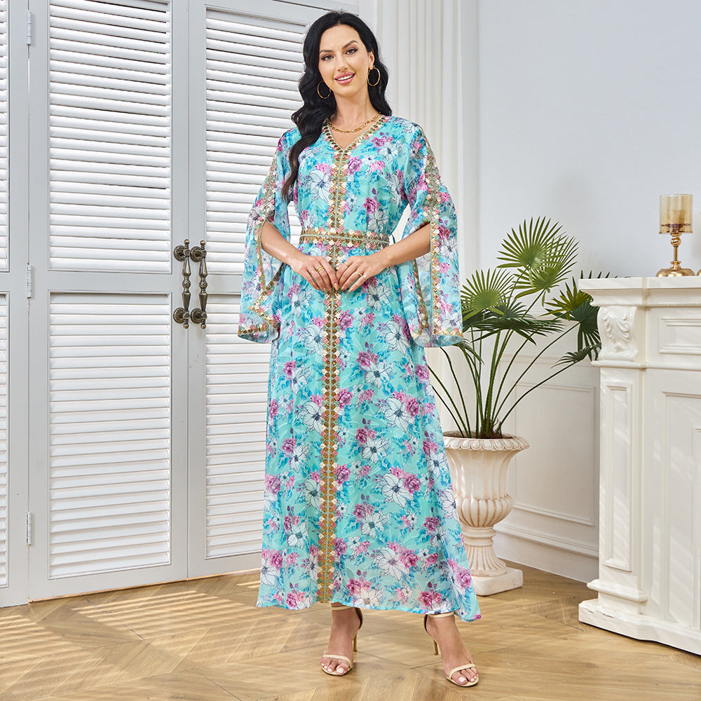 Middle East Muslim robe women's long dress fashion new color pattern V-neck waist split sleeve dress