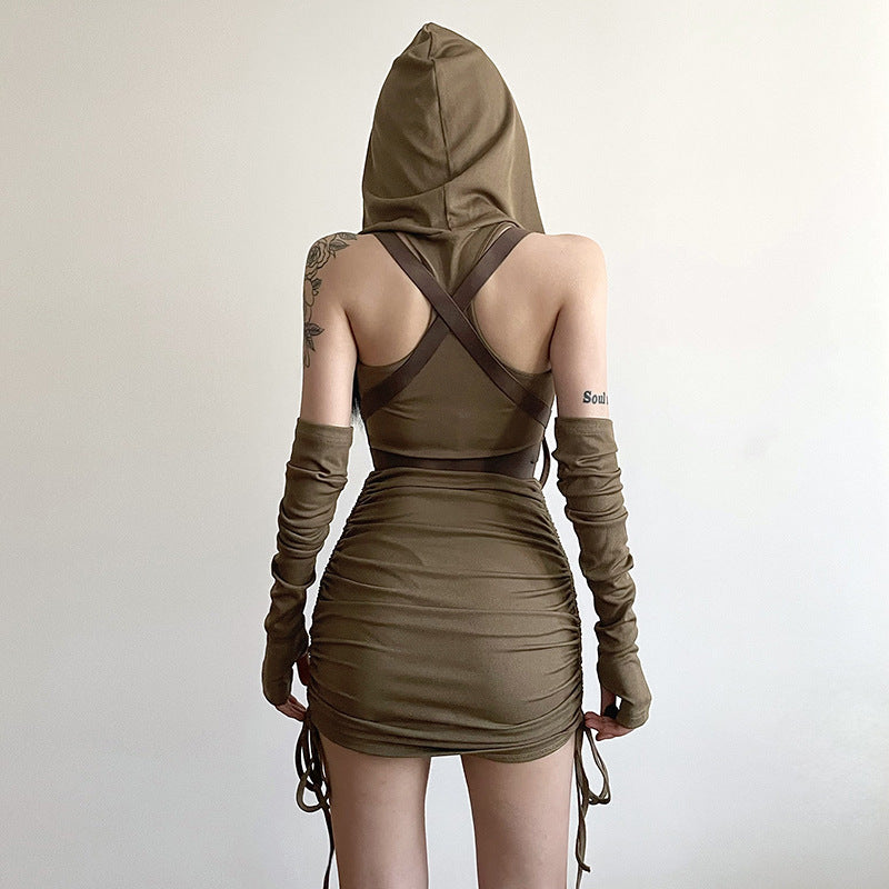 2025 style 2025 spring new women's clothing wasteland wind bilateral drawstring hooded pleated thin dress