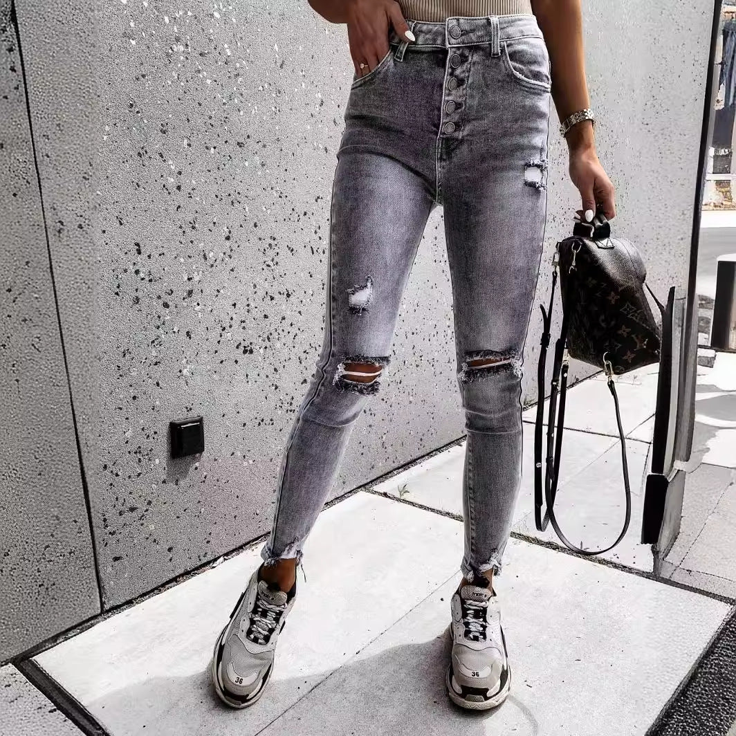 2025 wish women's jeans slim and thin ripped women's jeans trousers women's factory spot