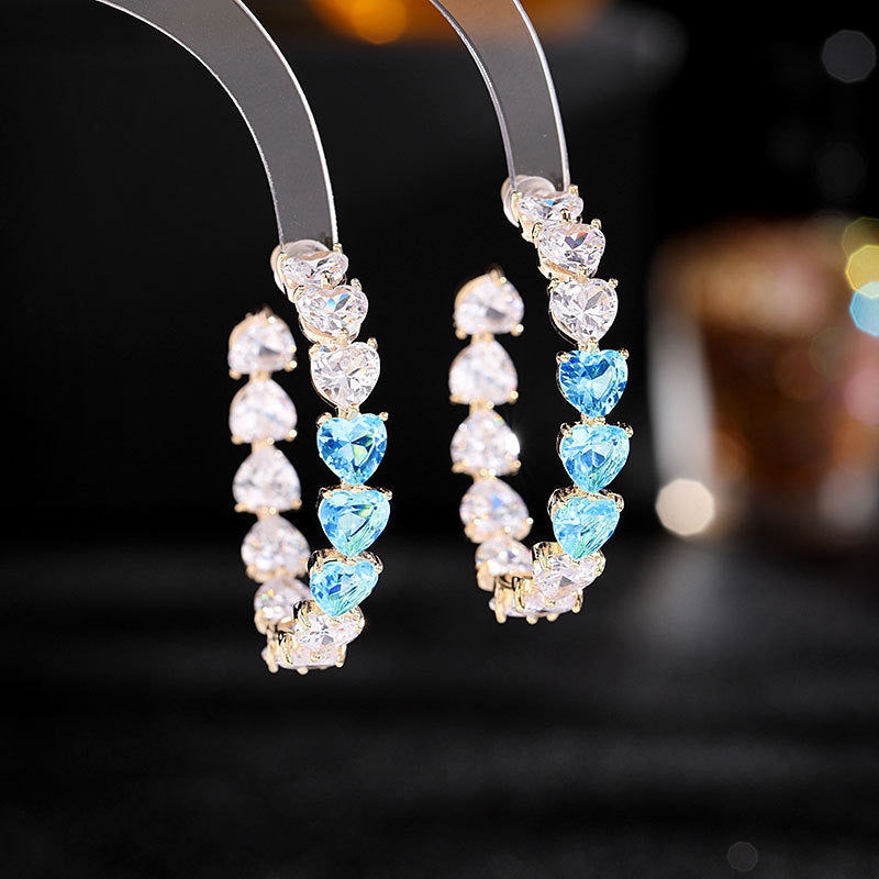 2025 Sweet and cool style light luxury high-end earrings super flash peach heart zircon inlaid large circle stud earrings love shape C circle earrings