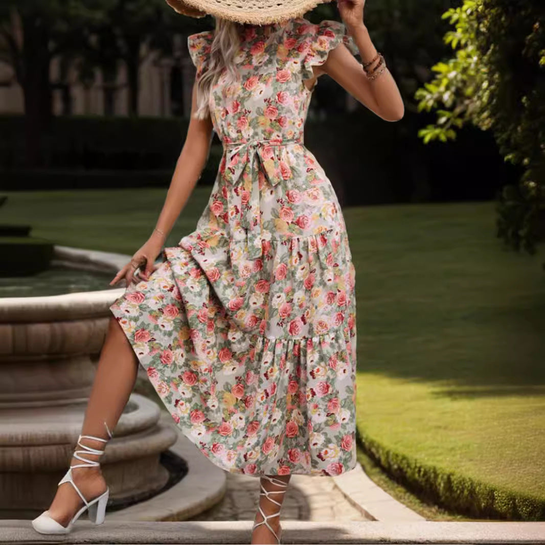 popular 2025 New Popular trade women's clothing lace-up waist printed short-sleeved ruffle edge dress
