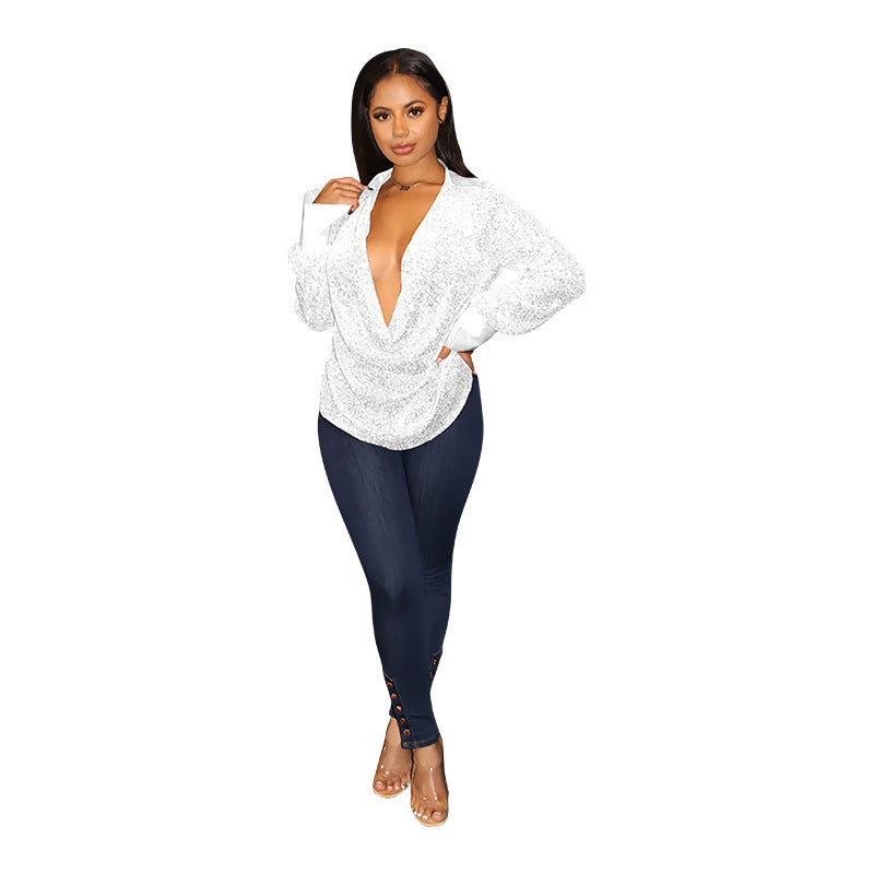 SIXSR Wholesale INS Wind Sequin Pleated Shirt Women's Wish New Loose Casual Long Sleeve Women's Shirt