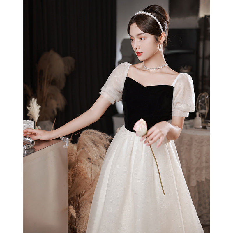 evening dress women's new black velvet small bubble sleeve long dress fairy temperament banquet dress