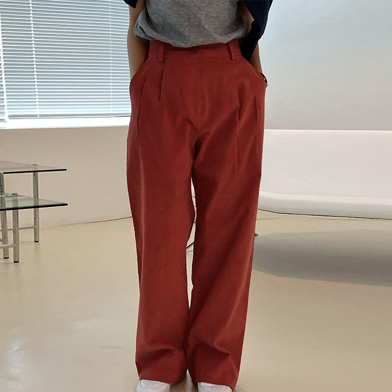 Corduroy Wide Leg Pants Women's Spring and Autumn Retro Red Loose Large Size Straight Pants High Waist Bar Velvet Mopping Long Pants