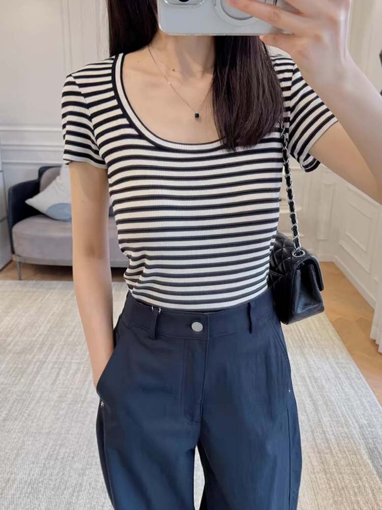 Siyuan 25 early spring simple commuting daily front shoulder five-color simple large u-neck short-sleeved T-shirt women's 8982