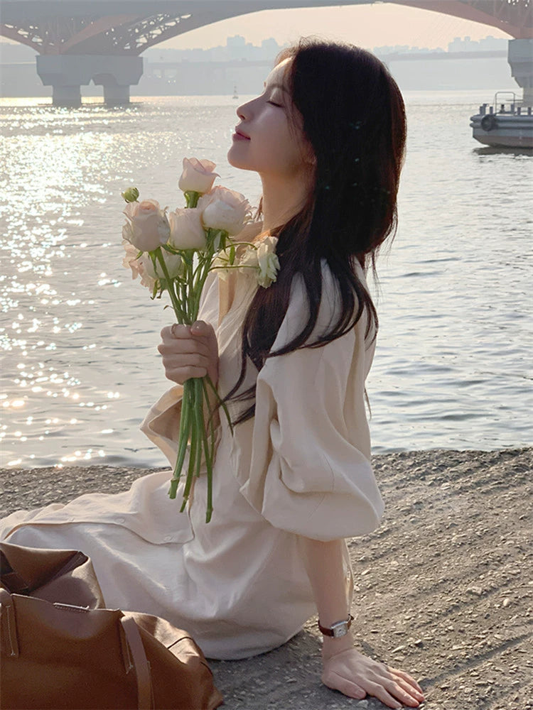 Coffee break linen dress women's spring summer new temperament waist thin gentle cotton and linen shirt long dress