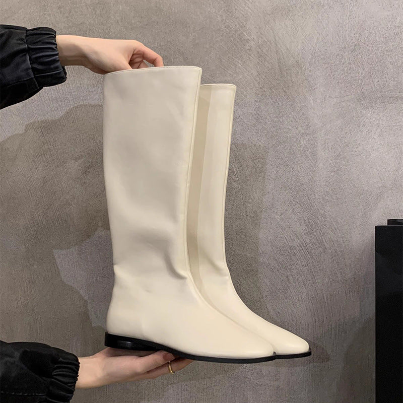 2025 Korean version of versatile flat bottom round head high boots women's knee single boots Maillard white thin long knight boots