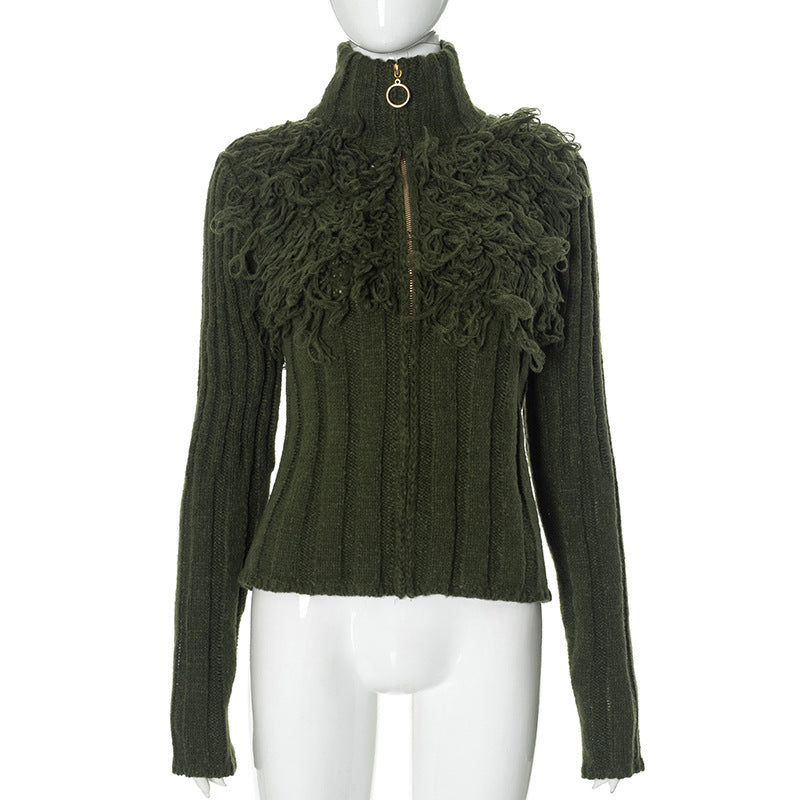SIXSR Q24TP394 2025 New women's clothing winter new solid color long-sleeved woolen short zipper slim cardigan top