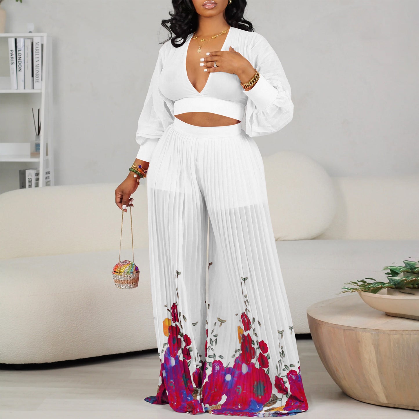 SIXSR D440 New Hot Trade Wholesale V-neck chiffon lantern sleeve top pleated wide-leg pants two-piece set 2025 suit
