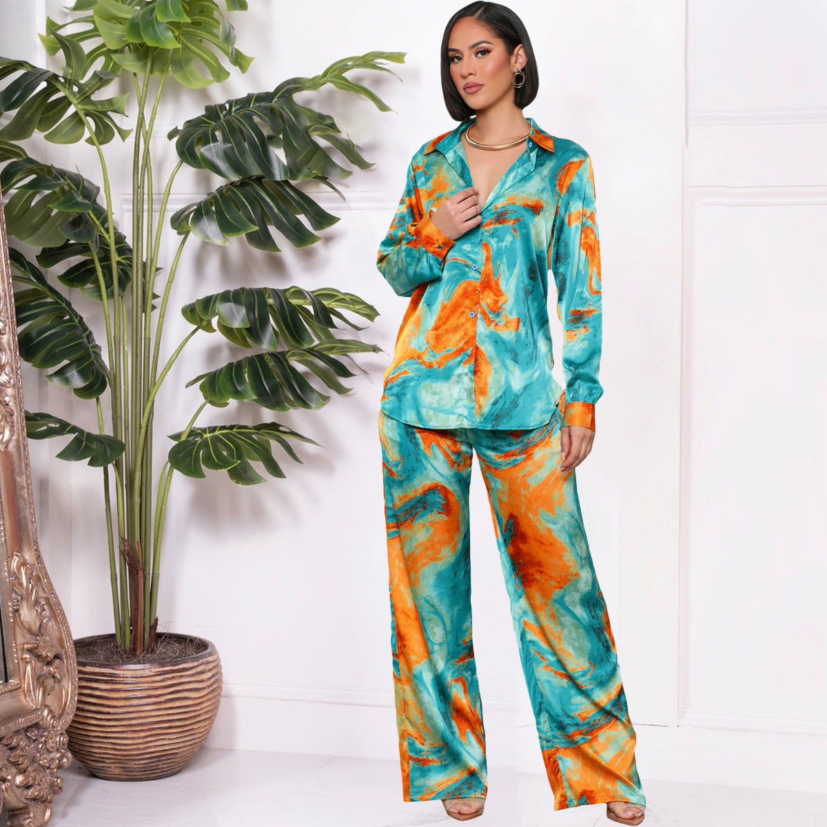 SIXSR T036 2025 women's clothing retro geometric printing lapel loose shirt autumn fashion versatile lace-up collection