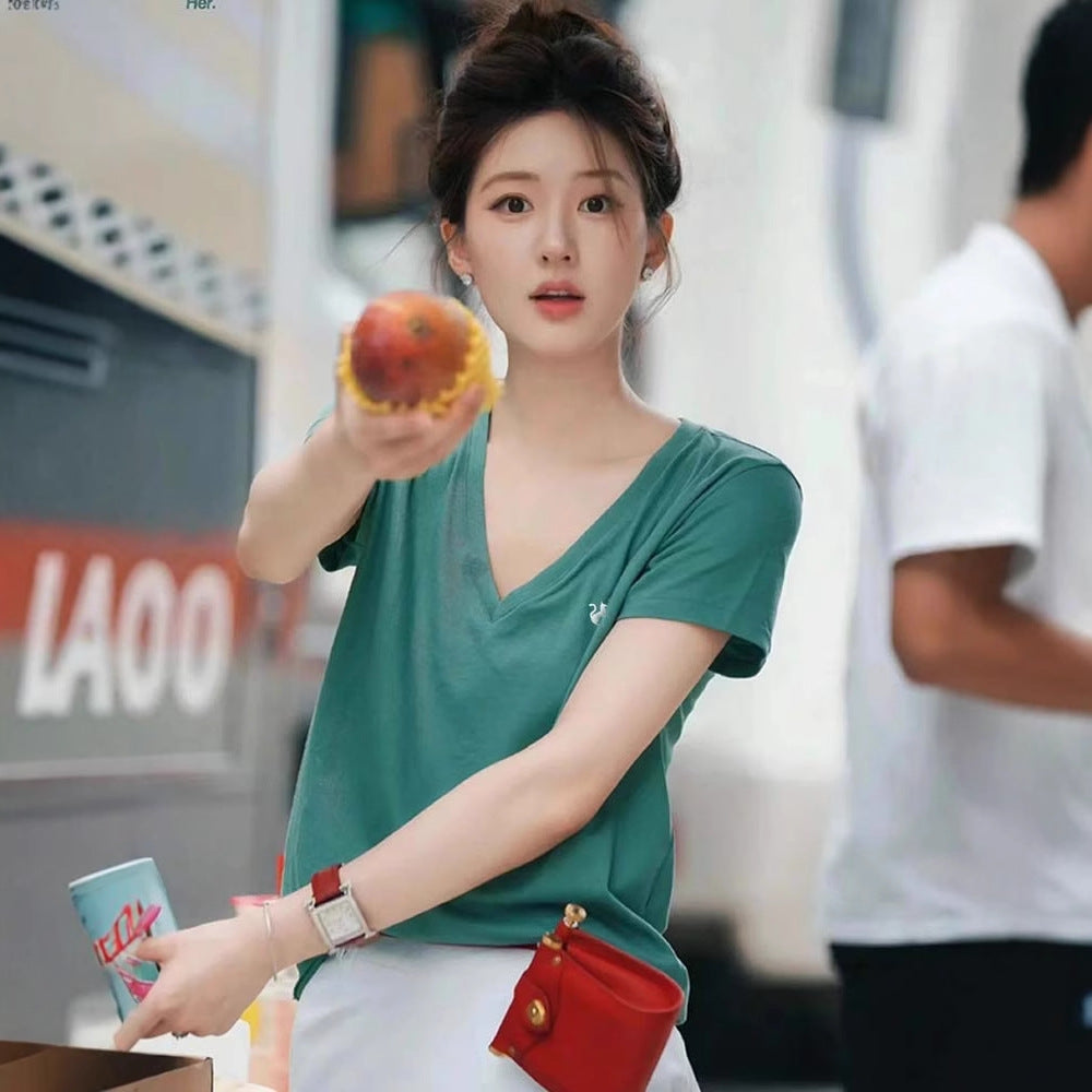Siyuan 25 Spring and Summer Shoulder V-Neck Fox Embroidery Pure Cotton Slim Skinny T-Shirt Short Sleeve Women's Top 7771
