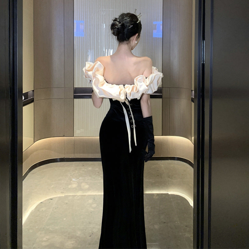 2025 Black one-word shoulder evening dress, femininity, high-end fishtail, advanced sense, adult ceremony banquet dress, light luxury niche