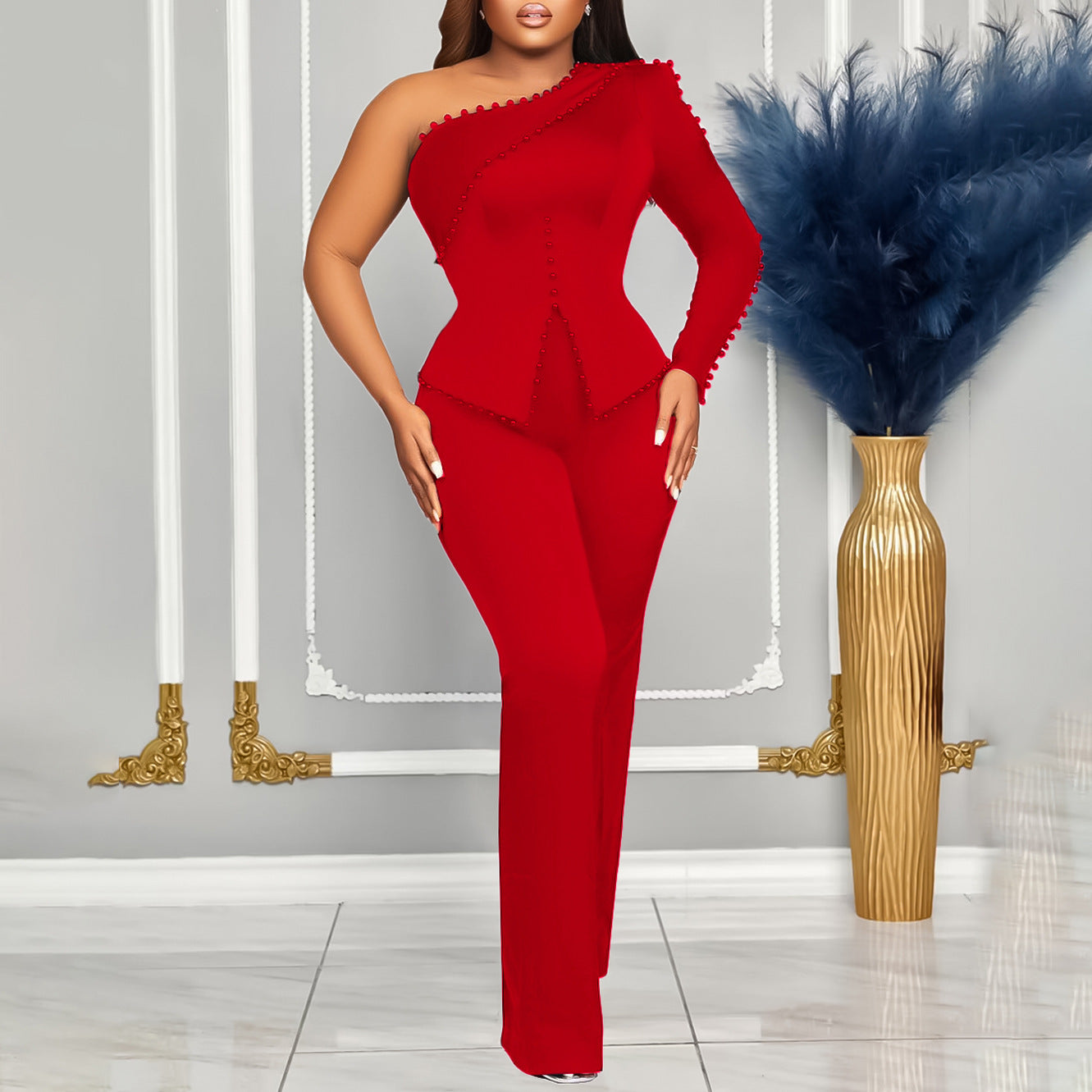 SIXSR D463 Popular trade women's clothing popular spring new slanted shoulder beads OL Tongle two-piece set large size 2025 set