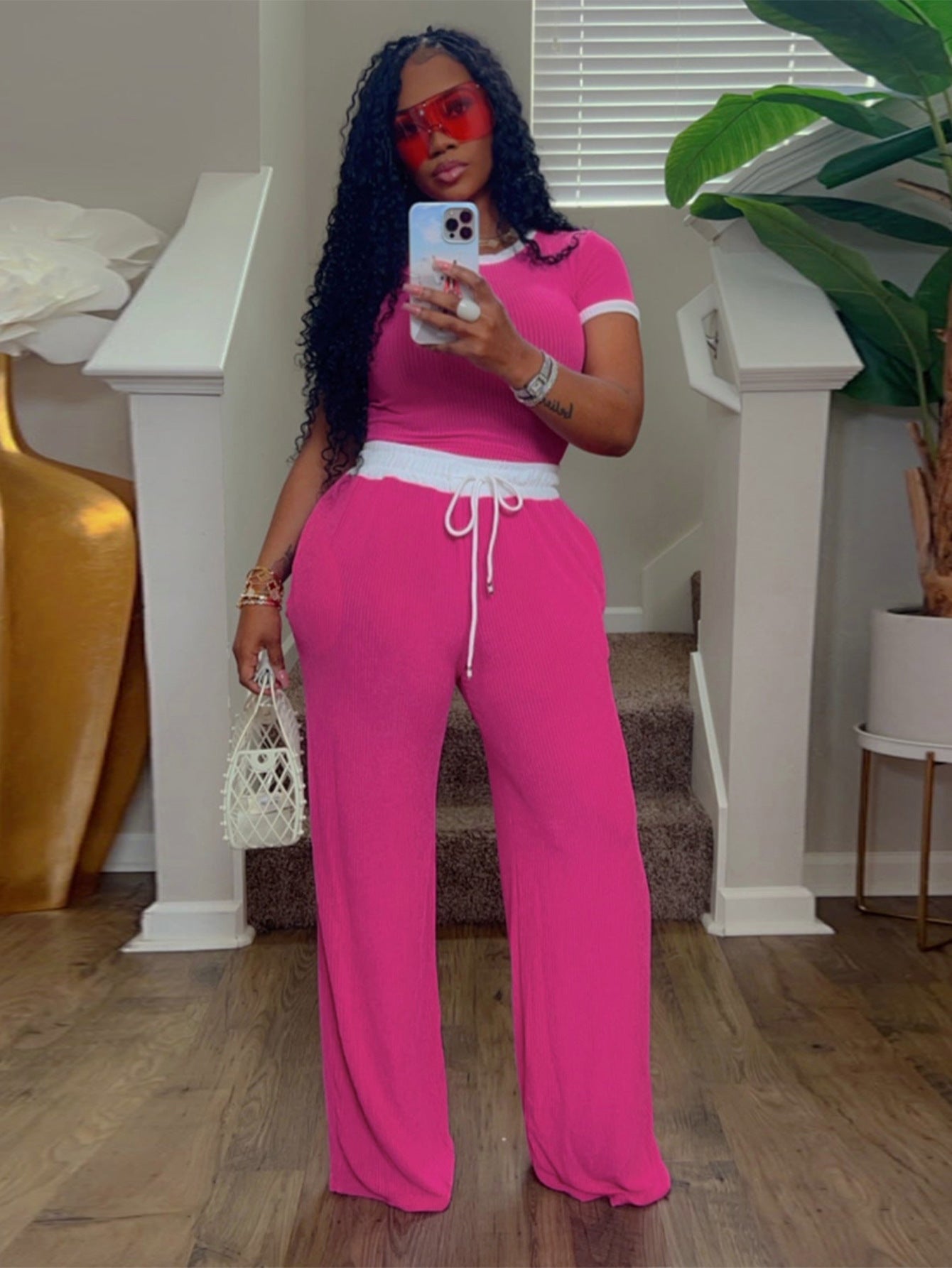 SIXSR T033 2025 women's clothing casual street daily rib contrasting color round neck short-sleeved pants set two-piece set