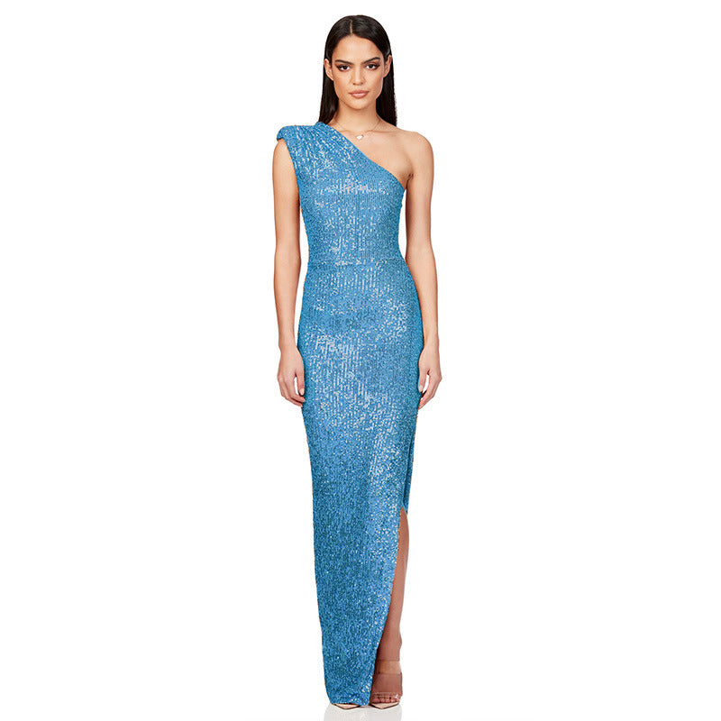 SIXSR 2025 Skirt summer women's clothing INS sleeveless one-shoulder split sequined long dress 2025 temperament dress women's wholesale