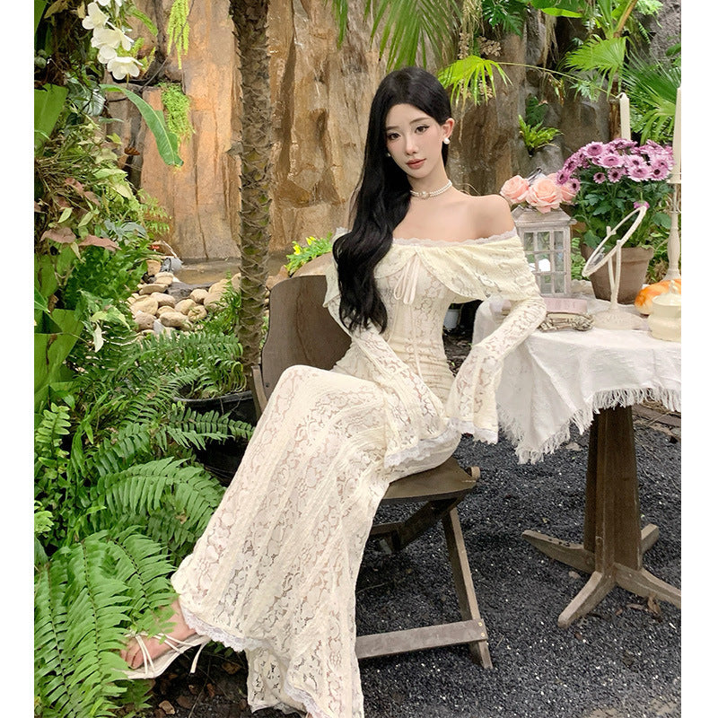 2025 temperament gentle one-word shoulder lace dress dinner party tube top dress waist hip trailing dress