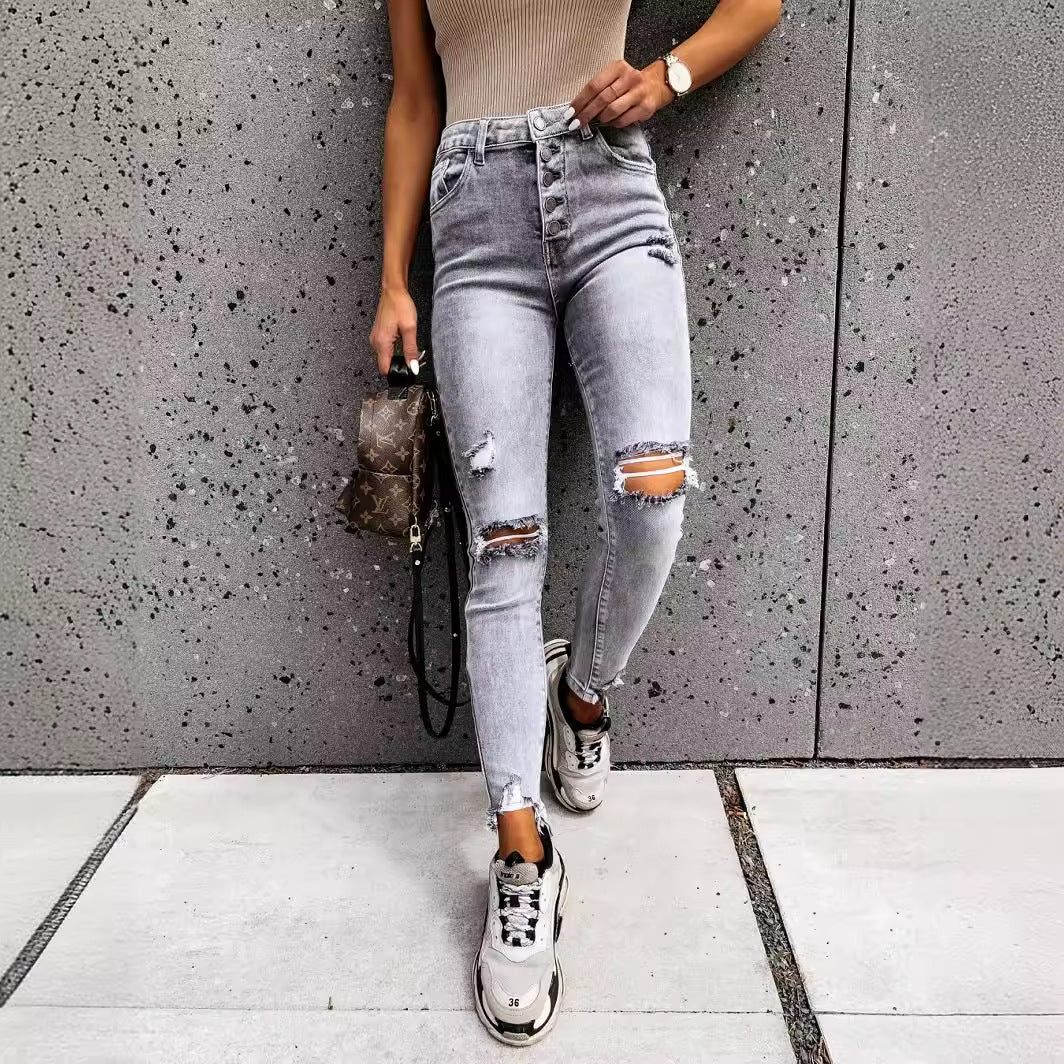 2025 wish women's jeans slim and thin ripped women's jeans trousers women's factory spot
